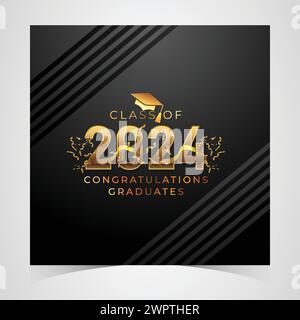 Classe 2024 Congratulazioni laureati. Cappellino accademico e cerimonia di laurea per diplomi. Modello vettoriale per banner per la classe senior dell'anno universitario 2024 Illustrazione Vettoriale