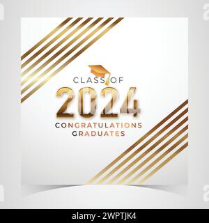 Classe 2024 Congratulazioni laureati. Cappellino accademico e cerimonia di laurea per diplomi. Modello vettoriale per banner per la classe senior dell'anno universitario 2024 Illustrazione Vettoriale