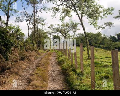 Vista mattutina di una tipica strada rurale realizzata con ghiaia e pietre, negli altopiani orientali della Colombia centrale, vicino alla città di Arcabuco. Foto Stock