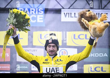 US Brandon McNulty dell'UAE Team Emirates nella foto sul podio dopo la settima tappa della gara ciclistica di otto giorni Parigi-Nizza, 104km da Nizza a Madone d'Utelle, Francia, sabato 09 marzo 2024. BELGA PHOTO JASPER JACOBS credito: Belga News Agency/Alamy Live News Foto Stock