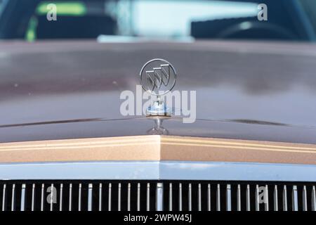 LINTHE, GERMANIA - 27 MAGGIO 2023: L'ornamento del cofano dell'auto di lusso personale Buick Riviera S-Type, 1980. Die Oldtimer Show 2023. Foto Stock