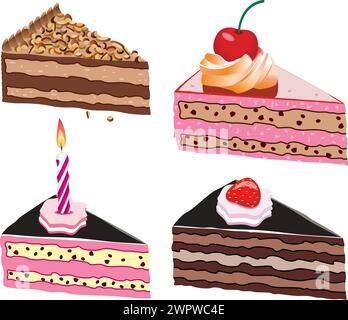 fette di torta vettoriale con frutta, cioccolato e candela Illustrazione Vettoriale