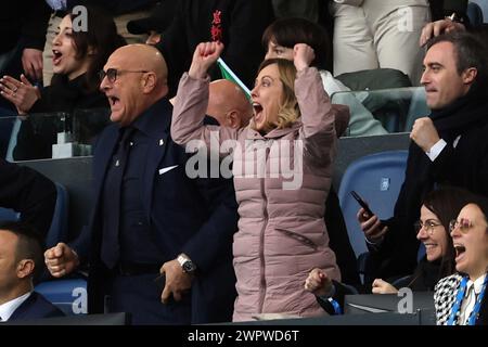 Roma, Italia. 9 marzo 2024. Roma, Italia 09.03.2024: Il primo Ministro Giorgia Meloni partecipa alla partita del Guinness Six Nations 2024 tra Italia e Scozia allo Stadio Olimpico il 9 marzo 2024 a Roma. Credito: Agenzia fotografica indipendente/Alamy Live News Foto Stock