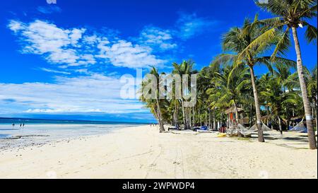 Le bellissime spiagge di Bohol, Filippine. Il cielo blu e la sabbia bianca aumentano la bellezza di una delle spiagge più panoramiche del mondo. Foto Stock