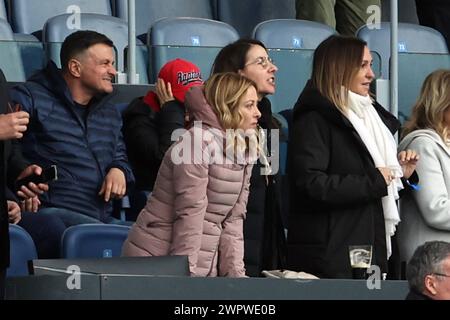 Roma, Italia. 9 marzo 2024. Roma, Italia 09.03.2024: Il primo Ministro Giorgia Meloni partecipa alla partita del Guinness Six Nations 2024 tra Italia e Scozia allo Stadio Olimpico il 9 marzo 2024 a Roma. Credito: Agenzia fotografica indipendente/Alamy Live News Foto Stock