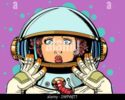 Una donna in costume da astronauta è sorpresa. Ricerca spaziale ed esperimenti del futuro. Promozioni galattiche per manicure femminile. Fumetto animato po Illustrazione Vettoriale