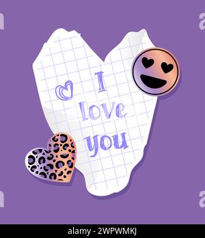 Collage, strappato, cuore di carta a scacchi. Illustrazione del vettore retrò. Adesivo olografico Y2K metallizzato. Pattern animalistico con sfumature brillanti, emoticon. 20 Illustrazione Vettoriale