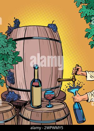 Il processo di produzione del vino e di beverlo. Un uomo versa una bottiglia di liquido da un barile d'uva. Bevande alcoliche dal gusto incredibile per una resta Illustrazione Vettoriale