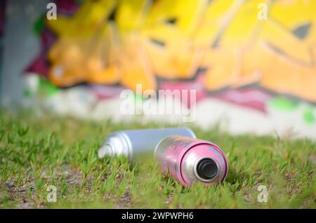 Molti spruzzatori usati con vernice e tappi per spruzzare vernice sotto pressione sull'erba vicino alla parete verniciata nei disegni colorati dei graffiti Foto Stock