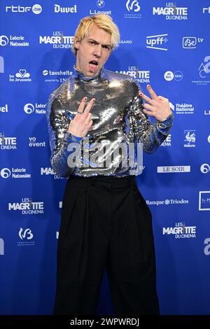 Bruxelles, Belgio. 9 marzo 2024. L'attore e cantante Mustii (Thomas Mustin) raffigurato sul tappeto blu all'arrivo della tredicesima edizione della cerimonia di premiazione del film "Magritte du Cinema", sabato 9 marzo 2024, a Bruxelles. I premi sono premiati per i film di produttori belgi francofoni. BELGA PHOTO LAURIE DIEFFEMBACQ credito: Belga News Agency/Alamy Live News Foto Stock