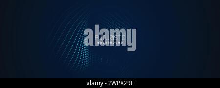 esperienza nella tecnologia dei dati futuristica. Onde mezzitoni con punti. puntini scorrevoli su sfondo blu scuro. Particelle di onde digitali in astrazione Illustrazione Vettoriale