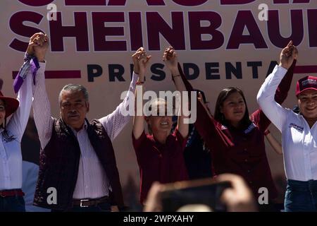 Morelia, Messico. 9 marzo 2024. Dra. Claudia Sheinbaum durante il suo discorso allo stadio Morelos, dove centinaia di tifosi si sono riuniti per ascoltare il suo discorso e sostenerla nella sua aspirazione alla presidenza della Repubblica. Crediti: Luis e Salgado/Alamy Live News Foto Stock