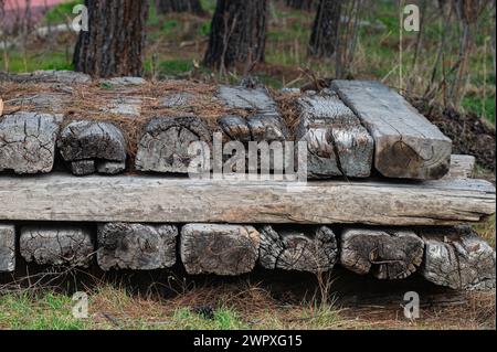 Vecchie traversine ferroviarie in legno. Foto Stock