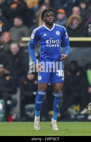 Hull, Regno Unito. 9 marzo 2024. Leicester City attaccante Stephy Mavididi (10) durante la partita del campionato EFL Hull City AFC contro Leicester City FC all'MKM Stadium di Hull, Inghilterra, Regno Unito il 9 marzo 2024 Credit: Every Second Media/Alamy Live News Foto Stock