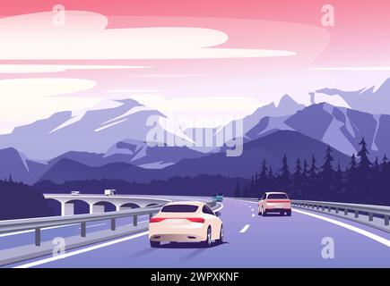 Illustrazione vettoriale di un'auto che guida su un ponte sopra una valle in montagna Illustrazione Vettoriale