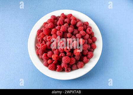 Vista dall'alto verso il basso di un piatto bianco pieno di lamponi su sfondo blu Foto Stock