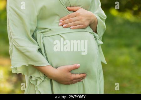 Donna incinta corta mette, tiene le mani su grande pancia, alberi verdi, prato sullo sfondo. Donna bianca indossa un vestito. Gravidanza magica felice. Parto Foto Stock