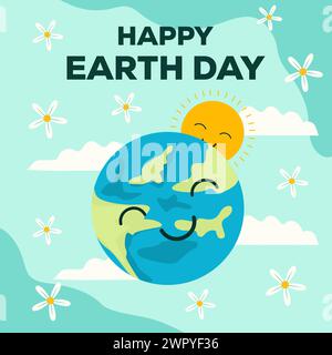 Disegno piatto Happy Earth Day illustrazione con faccia sorridente della terra Illustrazione Vettoriale