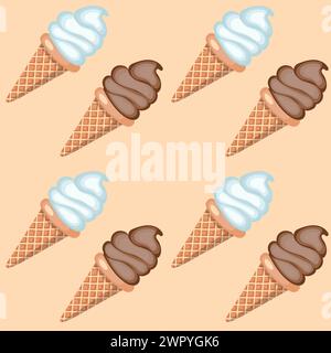 Gelato alla vaniglia e al cioccolato in coni per waffle. Illustrazione vettoriale. Motivo senza cuciture. Illustrazione Vettoriale