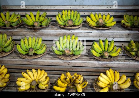 Banane fresche esposte nel mercato tradizionale di Yogyakarta, Indonesia. Foto Stock