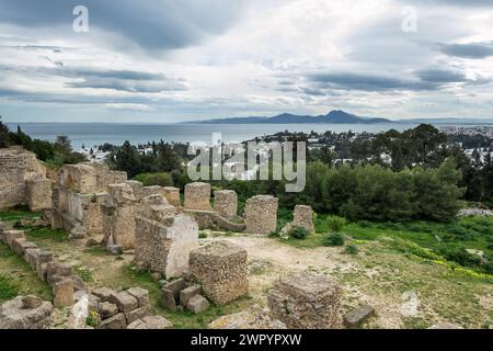 Vista del sito archeologico di Cartagine situato sulla collina Byrsa, nel cuore del Governatorato di Tunisi in Tunisia. Foto Stock