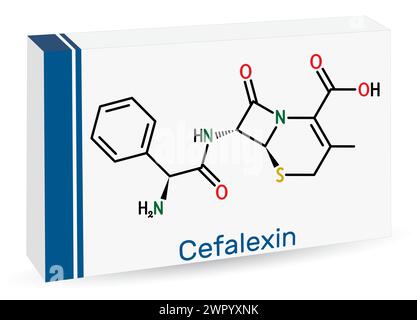 Cefalexina, molecola di cefalexina. Si tratta di un antibiotico beta-lattame con attività battericida. Formula chimica strutturale e modello molecolare. Illu vettoriale Illustrazione Vettoriale