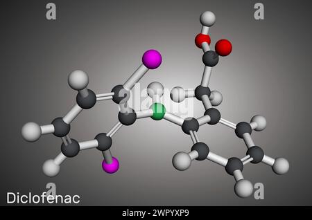 Molecola diclofenac, è un farmaco antinfiammatorio non steroideo NSAID. Modello molecolare. Rendering 3D. Illustrazione Foto Stock