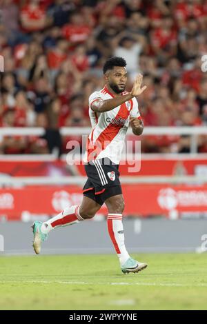 Avellaneda, Argentina. 9 marzo 2024. Miguel Borja del River Plate celebra durante la partita della Copa de la Liga Profesional de Fútbol tra il Club Atlético Independiente e il Club Atlético River Plate allo stadio Libertadores de América. Crediti: Mateo occhi (Sporteo) / Alamy Live News Foto Stock