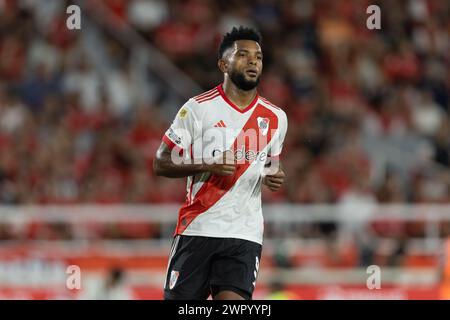 Avellaneda, Argentina. 9 marzo 2024. Miguel Borja del River Plate durante la partita della Copa de la Liga Profesional de Fútbol tra il Club Atlético Independiente e il Club Atlético River Plate allo stadio Libertadores de América. Crediti: Mateo occhi (Sporteo) / Alamy Live News Foto Stock