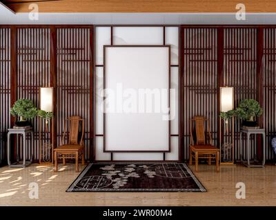 Cornice vuota vuota in tela vuota per il mock-up in stile cinese tradizionale salotto, 3D rendering Foto Stock