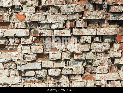 Vecchio muro di mattoni, struttura, sfondo. Muro scheggiato e sbriciolato, fatto di vecchi mattoni rossi, oscurato dalla vecchiaia. Antichi mattoni d'epoca. Sfondo Foto Stock