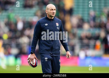 L'allenatore Steve Borthwick dell'Inghilterra durante il Six Nations Championship 2024, partita di rugby a 15 tra Inghilterra e Irlanda il 9 marzo 2024 allo stadio Twickenham di Londra Foto Stock