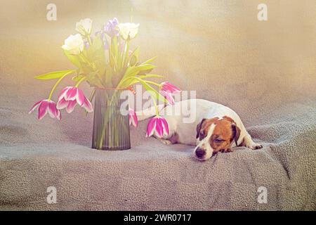 Jack Russell Terrier si trova vicino a un vaso con un bouquet di tulipani, rose e Iris su sfondo grigio. Pasqua Foto Stock