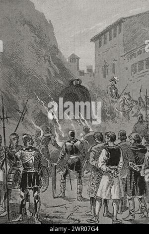 Pietro IV d'Aragona (1319-1387), il Ceremonioso. Re d'Aragona, Valencia e Maiorca le truppe di Pietro il Ceremonioso combatterono contro gli unionisti valenciani nel 1348, sconfiggendoli e conquistando la città di Valencia. Dopo aver soppresso la ribellione, Pietro IV ordinò di sciogliere le campane che erano state usate per chiedere che gli insorti fossero reclutati, costringendoli a bere il liquido fuso come punizione. Incisione di Serra Pausas. "Glorias Españolas" (Glorie di Spagna). Volume II Pubblicato a Barcellona, 1890. Autore: Joan Serra Pausas (attivo 1861-1902). Foto Stock