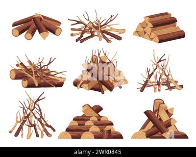 Legno di cartoni animati per falò. Pelo di legna da ardere per falò, tronchi di tronchi secchi per camino, carburante forestale per campeggio. Set di cartoni animati vettoriali Illustrazione Vettoriale