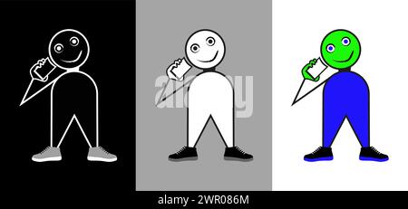 Uomo cartoon in sneakers che parla su uno smartphone, illustrazione Cartoon Flat vettoriale isolata in bianco, nero e a colori. Illustrazione Vettoriale