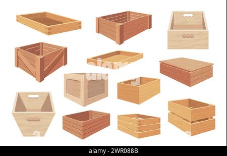 Contenitori in legno per cartoni animati. Scatole aperte e chiuse con pacchi, casse in legno con carico, concetto di imballaggio per magazzino. Gruppo vettoriale Illustrazione Vettoriale