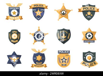 Distintivo della polizia. Emblemi dello sceriffo ufficiale di polizia con stella e scudo, insegna di protezione di sicurezza in stile piatto. Set isolato vettoriale Illustrazione Vettoriale