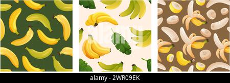 Schema a banana. Stampa senza cuciture di frutta gialla tropicale, raccolto organico maturo con foglie verdi, sfondo naturale esotico disegnato a mano. Set texture vettoriale Illustrazione Vettoriale