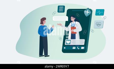 Illustrazione vettoriale di un uomo che interagisce con un medico femminile attraverso un'app medica smartphone. Consulenza sanitaria online, telemedicina moderna co Illustrazione Vettoriale