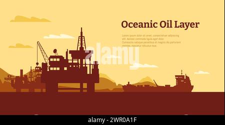 Fondo piattaforma petrolifera offshore. Piattaforma petrolifera con derrick e gru, concetto industriale di estrazione di petrolio e gas. Illustrazione vettoriale Illustrazione Vettoriale