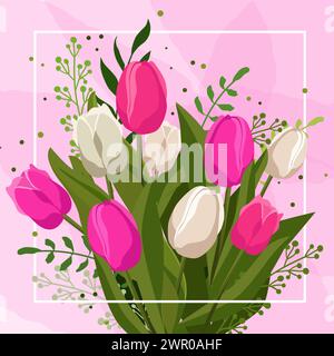 Bouquet primaverile con tulipani rosa e bianchi ed erba su sfondo rosa. Modello vettoriale con fiori per design, biglietto d'auguri, banner, tabellone, volantino, Illustrazione Vettoriale