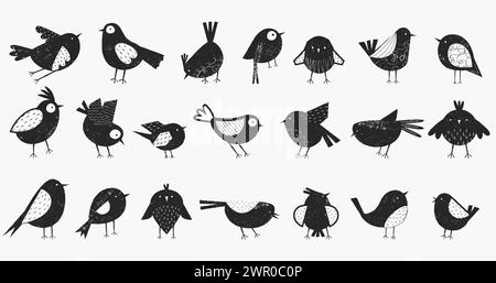 Uccelli neri infantili. Sagome dei cuccioli volanti dei cartoni animati, simpatici personaggi degli uccelli neri con ali bianche per i bambini. Set isolato vettoriale Illustrazione Vettoriale