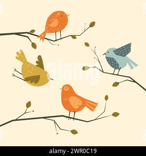 Uccelli carini sugli alberi. Cartoni animati colorati animali primaverili ed estivi su rami con fiori, elementi grafici infantili. Set isolato vettoriale Illustrazione Vettoriale