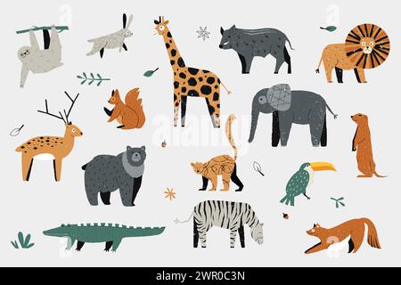 Carini animali alla moda. Colorato baby zoo disegnato a mano, cartoni decorativi giraffa leone elefante zebra ippopotamo coccodrillo per bambini. Vettore Illustrazione Vettoriale