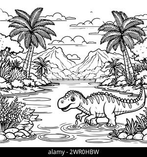 i dinosauri disegnati da colorare trovano cibo sullo sfondo del lago in versione bianca e nera, adatto ai bambini Illustrazione Vettoriale