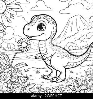 colorazione disegna dinosauro felice con fiori e piante. versione in bianco e nero adatta ai bambini Illustrazione Vettoriale