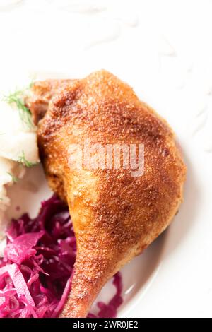 Anatra arrosto con cavolo rosso e purè di patate su sfondo luminoso. Primo piano. Foto Stock