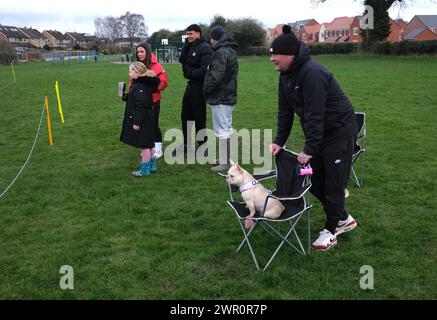 Un uomo e il suo cane che guardano una partita di football junior. Foto Stock
