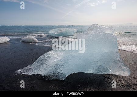 Pezzi di iceberg provenienti da un ghiacciaio che si distacca nell'oceano su una favolosa spiaggia di sabbia nera in Islanda. Viaggio, esperienza unica e concetto della stagione invernale. Foto Stock